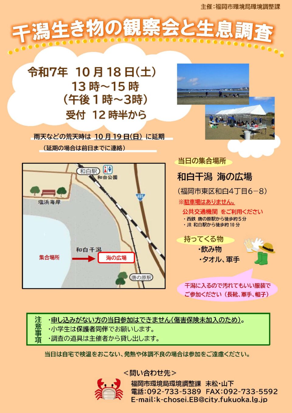 10月18日（土）、和白干潟にて「干潟生き物の観察会と生息調査」を開催します！