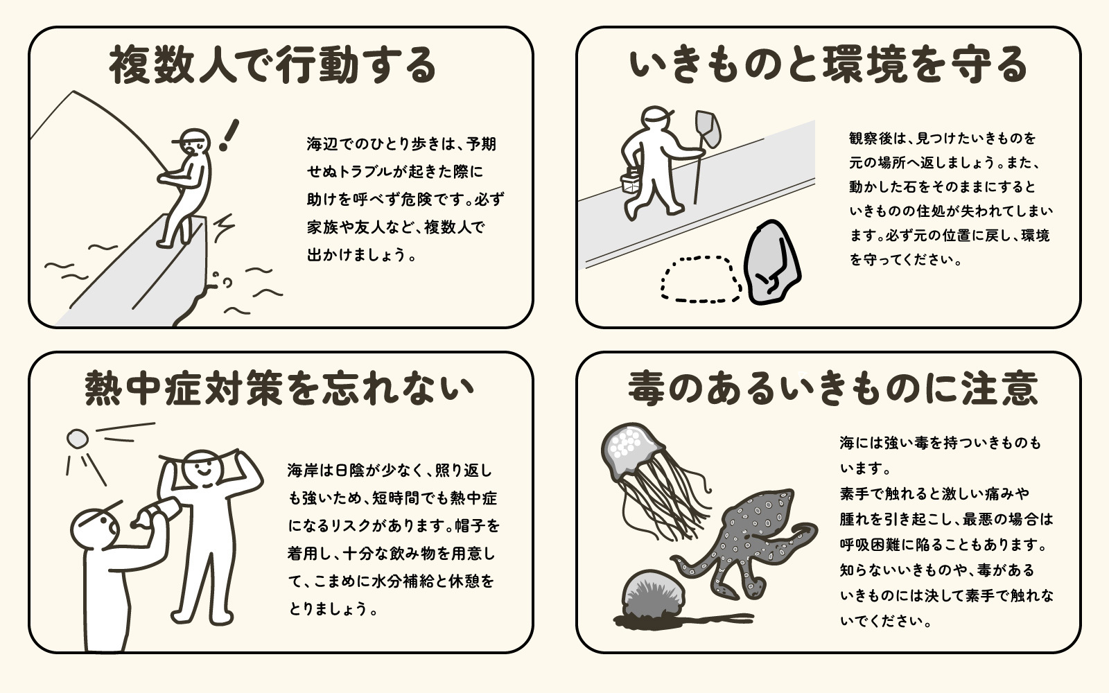 マナーを守って観察しよう

海の自然を守り、自身も安全に観察を行うために、以下のルールとマナーを心がけましょう。

複数人で行動する
海辺での単独行動は、予期せぬトラブルが起きた際に助けを呼べず危険です。必ず家族や友人など、複数人で出かけましょう。

いきものと環境を守る
観察後は、見つけたいきものを元の場所へ返しましょう。また、動かした石をそのままにするといきものの住処が失われてしまいます。必ず元の位置に戻し、環境を守ってください。

熱中症対策を忘れない
海岸は日陰が少なく、照り返しも強いため、短時間でも熱中症になるリスクがあります。帽子を着用し、十分な飲み物を用意して、こまめに水分補給と休憩をとりましょう。

毒のあるいきものに注意
海には強い毒を持ついきものもいます。
素手で触れると激しい痛みや腫れを引き起こし、最悪の場合は呼吸困難に陥ることもあります。
知らないいきものや、毒があるいきものには決して素手で触れないでください。